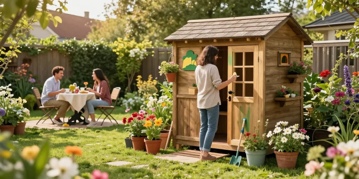 Ein Gartenhaus von McGarden24, umgeben von blühenden Pflanzen und einem fröhlichen Paar, das Blumen pflanzt.