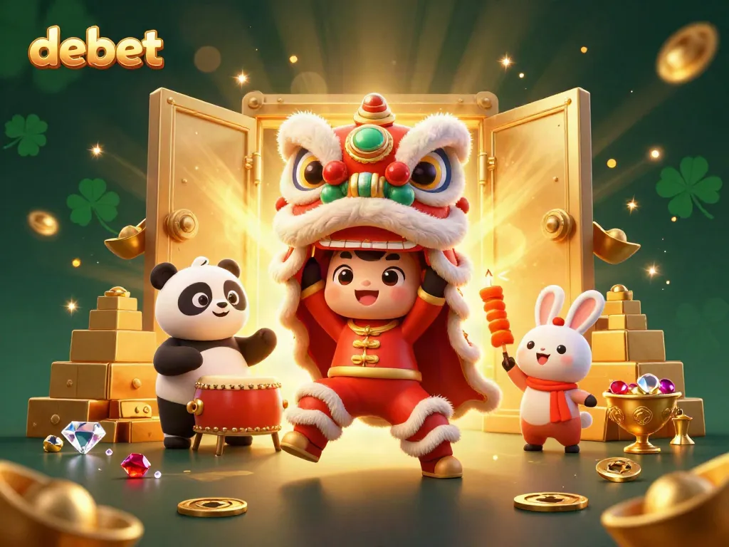 Experience the thrill of debet as characters celebrate with treasure and festive decorations.