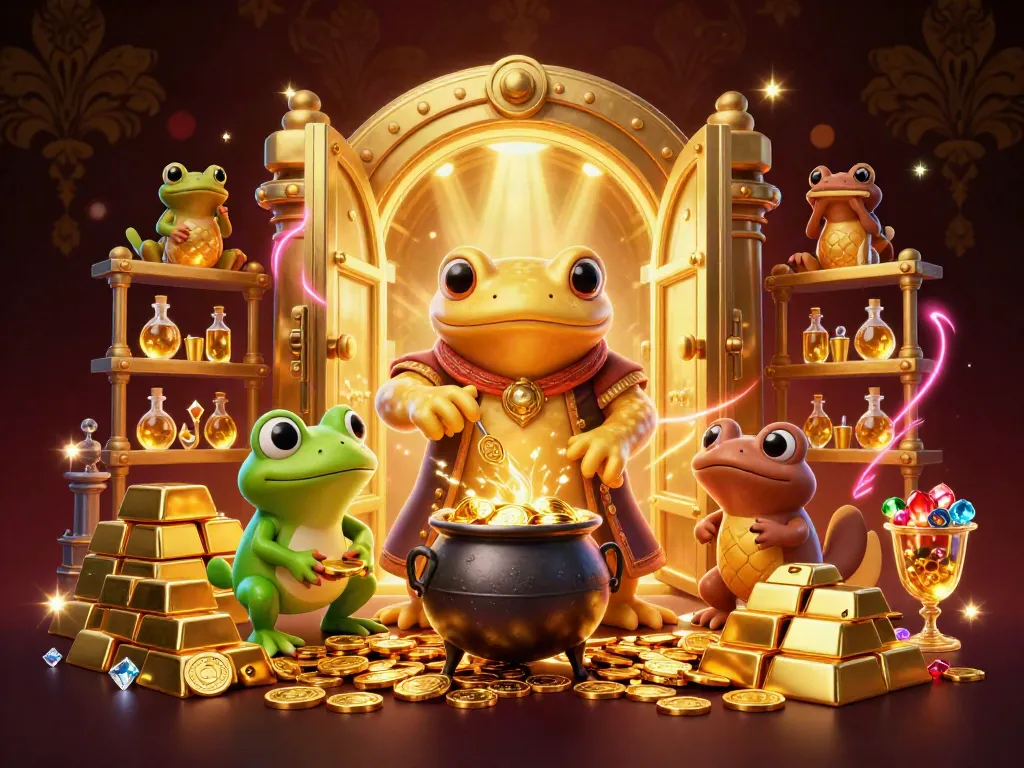 Cá cược gem88 showcases a lively alchemist scene with gold coins, jewels, and a magical atmosphere.