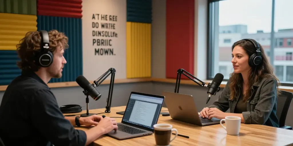 Recording session featuring Brit Morin discussing creativity and digital trends on the rokok88 slot login podcast.