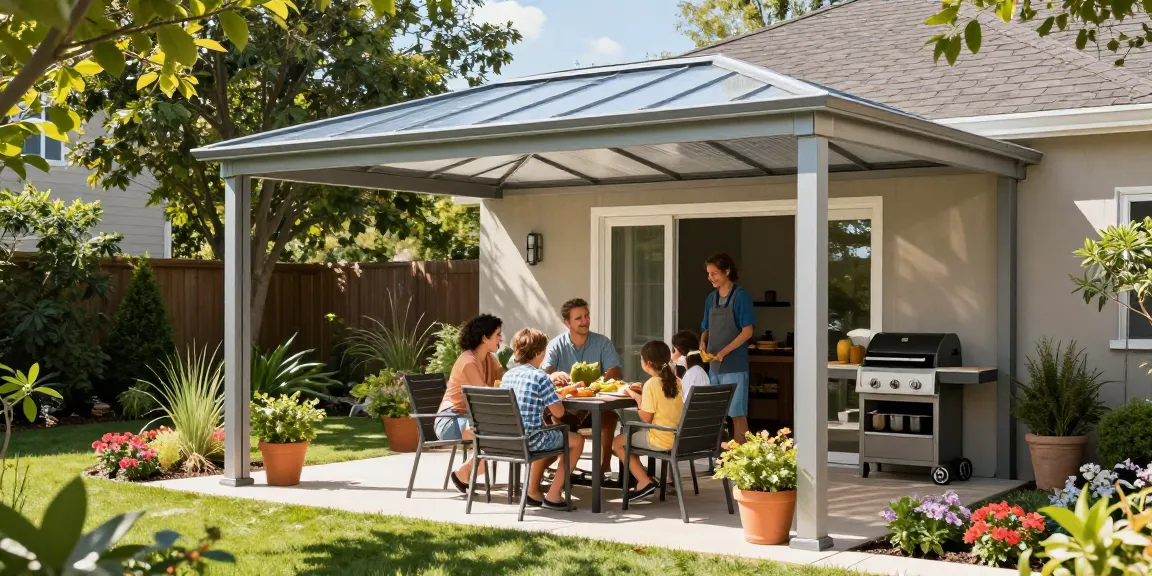Moderne freistehende Terrassenüberdachung im Garten, perfekt für Familienessen im Freien.