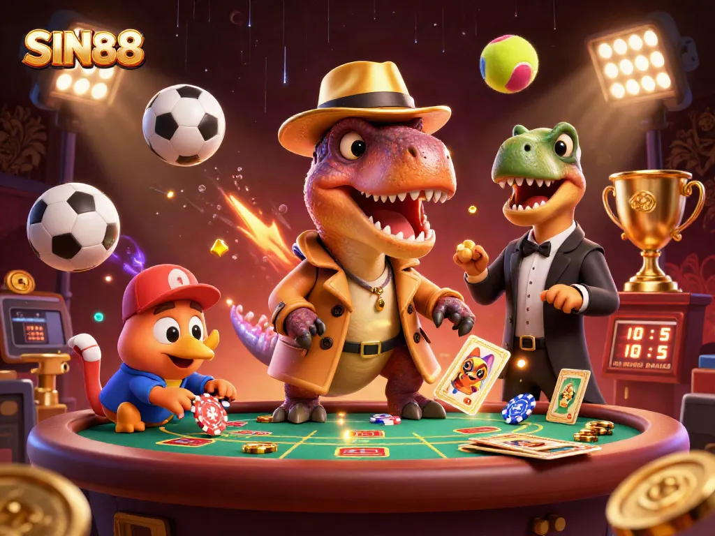 SIN88 features a cartoon velociraptor at a blackjack table, surrounded by dynamic sports elements and gold coins, showcasing excitement.