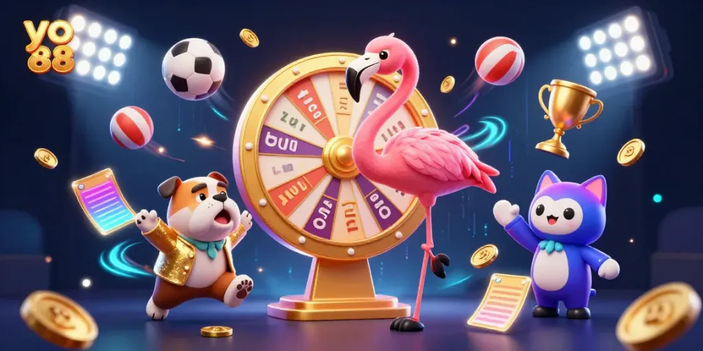 Engaging scene of yo 88 with a game show host flamingo and excited bulldog in a colorful casino setting.