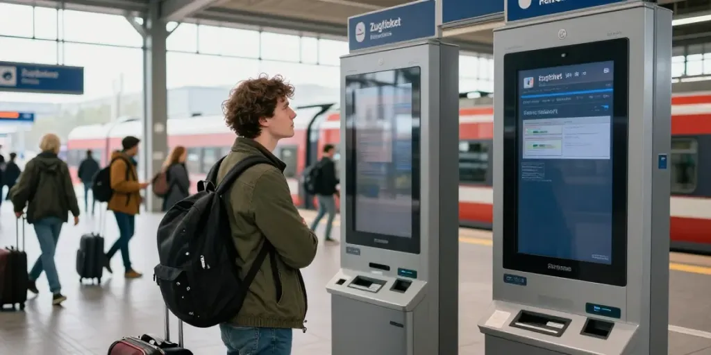 Reisender am digitalen Ticketautomaten, der nach Zugticket Preisen sucht, um eine Reise zu buchen.