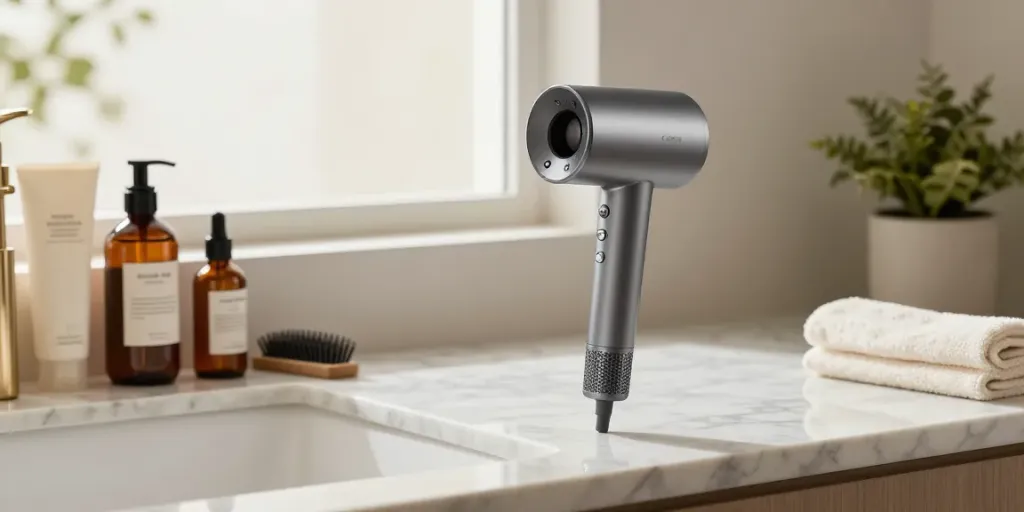 Moderne Haartrockner auf luxuriösem Marmorwaschtisch neben Haarpflegeprodukten, ideal für einen Ionen Föhn.