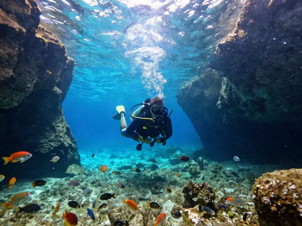 Cenoten in Mexiko: Taucher erkundet die Unterwasserwelt in einer klaren Cenote, umgeben von spektakulären Felsformationen.