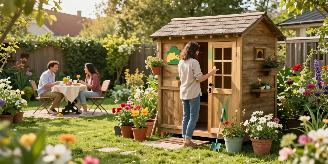 Ein Gartenhaus von McGarden24, umgeben von blühenden Pflanzen und einem fröhlichen Paar, das Blumen pflanzt.