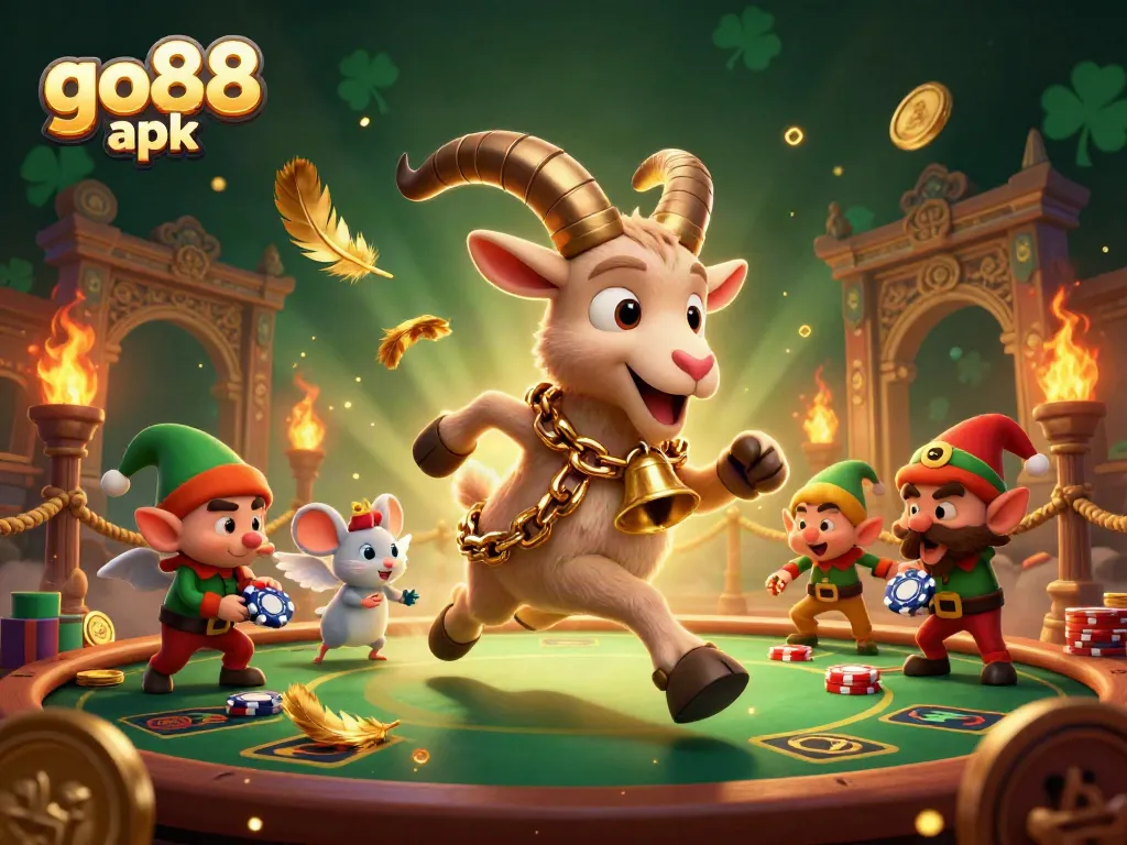 Experience excitement at Go88 apk with a festive casino scene featuring Krampus and elf gremlins.