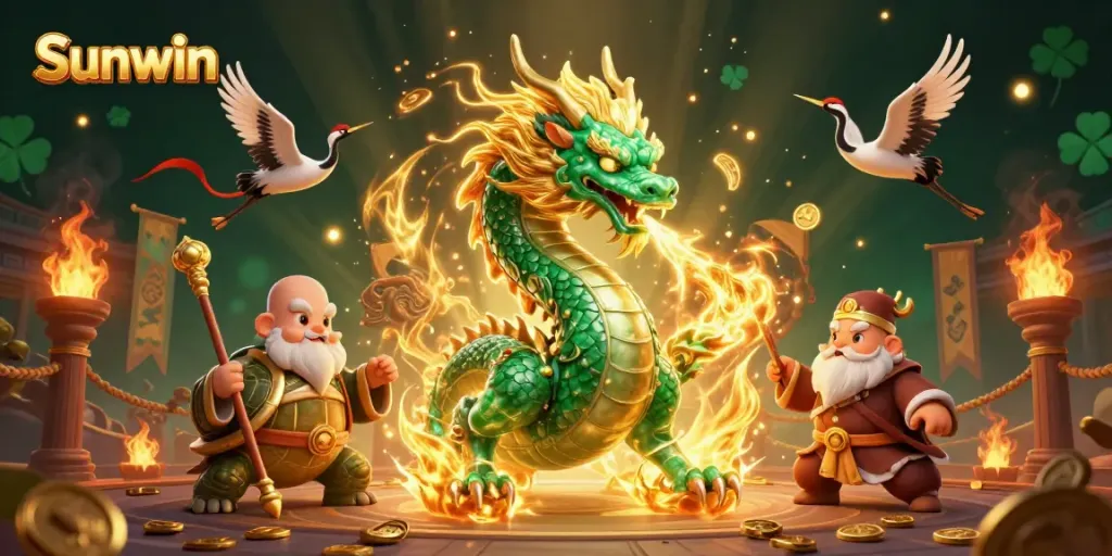 Experience excitement at Sunwin with a vibrant dragon, turtle sage, and lucky cranes in a dynamic casino setting.