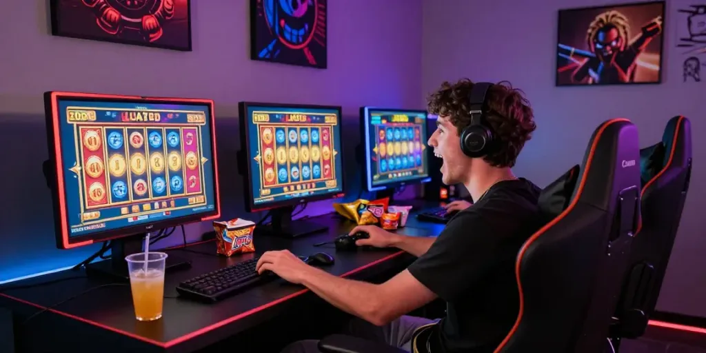 Engaged player in a colorful slot88 daftar gaming scene, vibrant visuals and ambient lighting creating excitement.