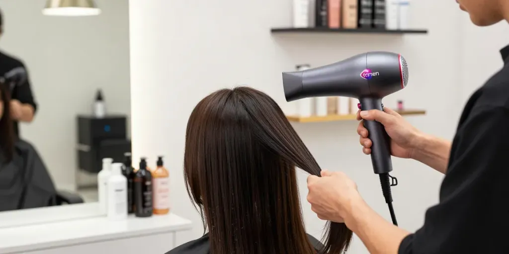 Ein Ionenföhn wird von einem Friseur in einem modernen Salon verwendet, um das Haar eines Kunden zu stylen.