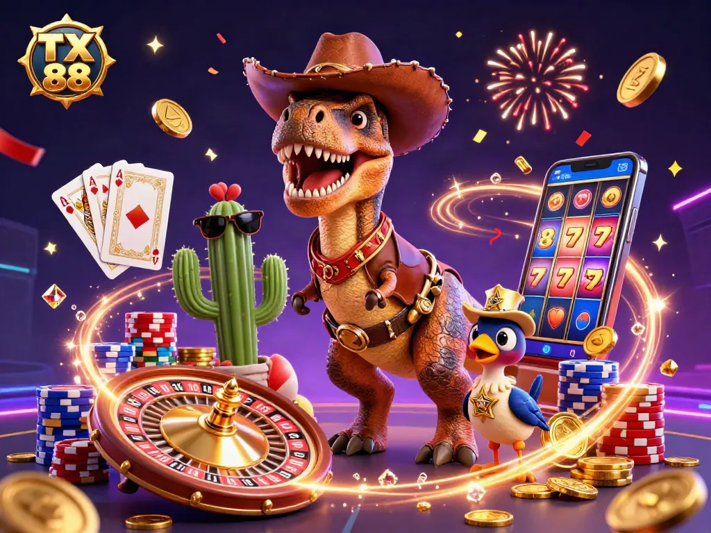 Engage with TX 88's vibrant casino experience, featuring a cartoon T-Rex and exciting gambling elements.