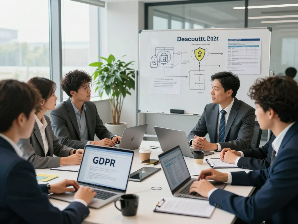 Beratungsszene zu Datenschutz-Dienstleistungen in modernem Büro, engagiertes Team diskutiert rechtliche und technische Compliance-Strategien.