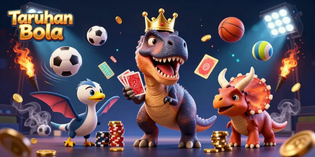 Engage with Taruhan Bola as lively characters shuffle cards and stack chips amidst sports elements.