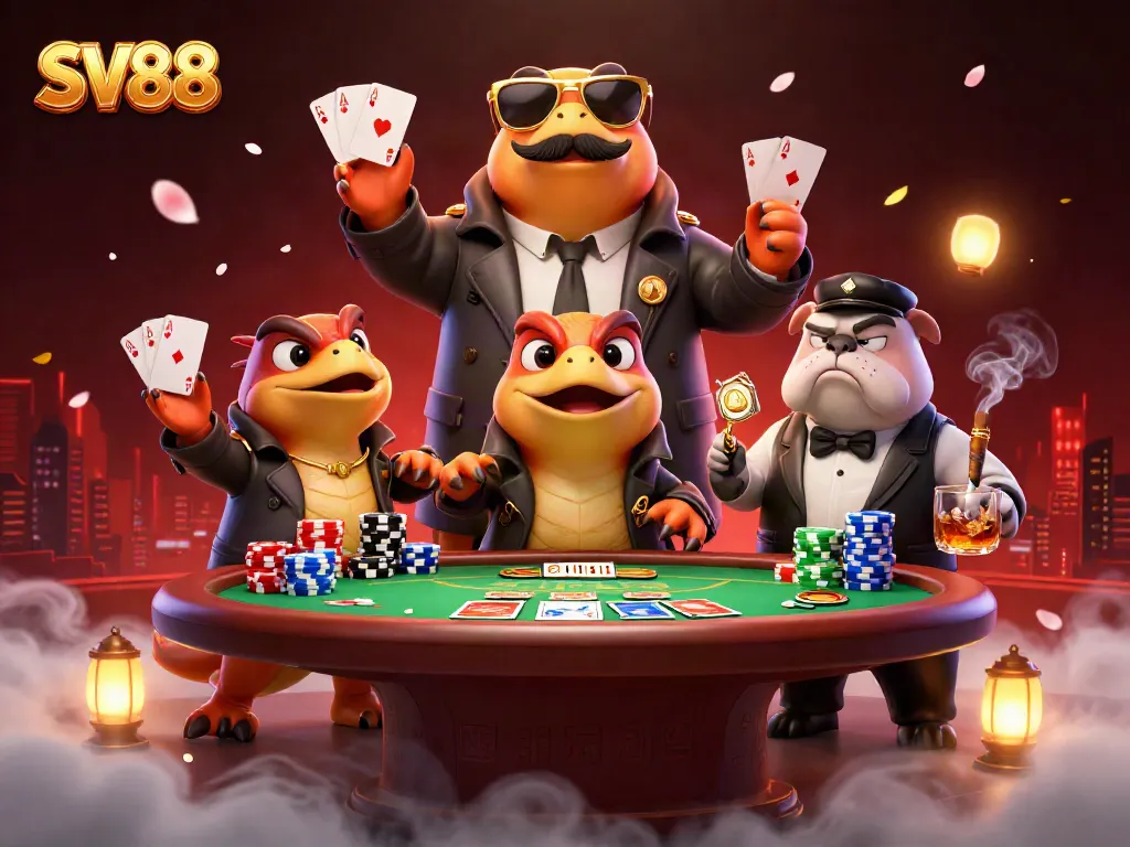 SV88 showcases raptors sneaking into a casino lounge with a bouncer, surrounded by poker elements.