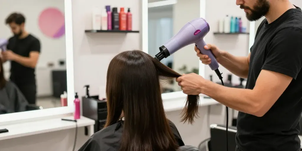 Stylistin verwendet den Laifen Air Pro Haartrockner für glattes, glänzendes Haar im modernen Salon.