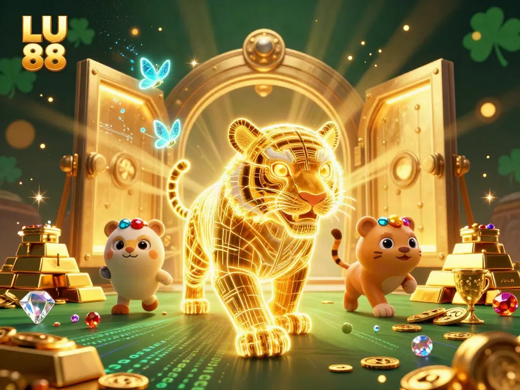 Engaging illustration featuring LU 88 with a neon golden tiger in a vibrant casino landscape, surrounded by treasures.