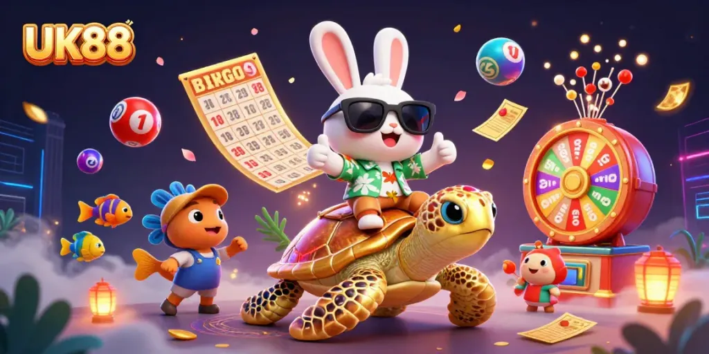 Experience thrilling moments with UK88's vibrant 3D illustration featuring playful characters in an exciting gaming environment.