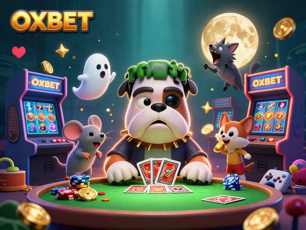 Experience OXBET's thrilling 3D casino environment with monsters, cards, and glowing game elements.
