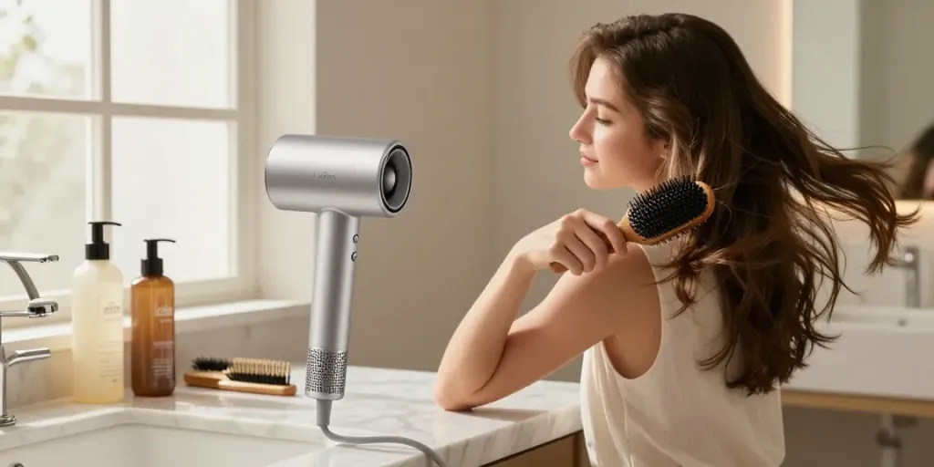 Der Haartrockner von Laifen im modernen Badezimmer auf einem Marmorwaschtisch, mit Haarpflegeprodukten und schön gestyltem Haar.