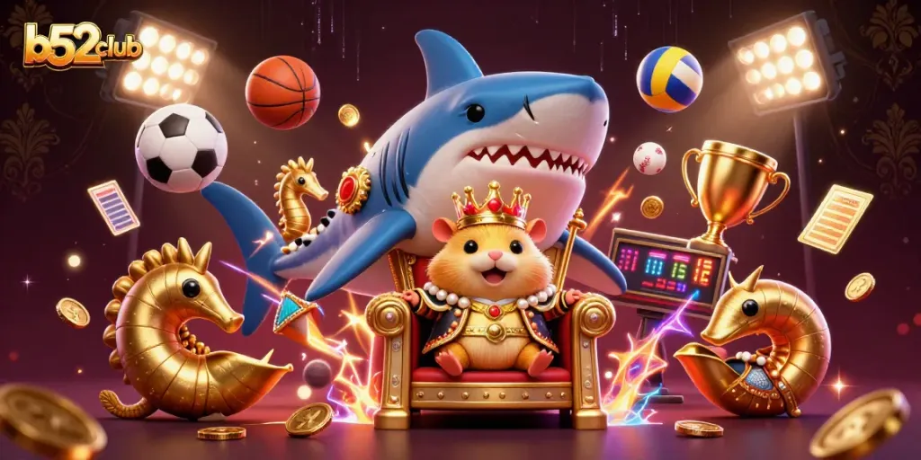Bet on excitement with b52club featuring a fierce hamster king amid dynamic casino elements.