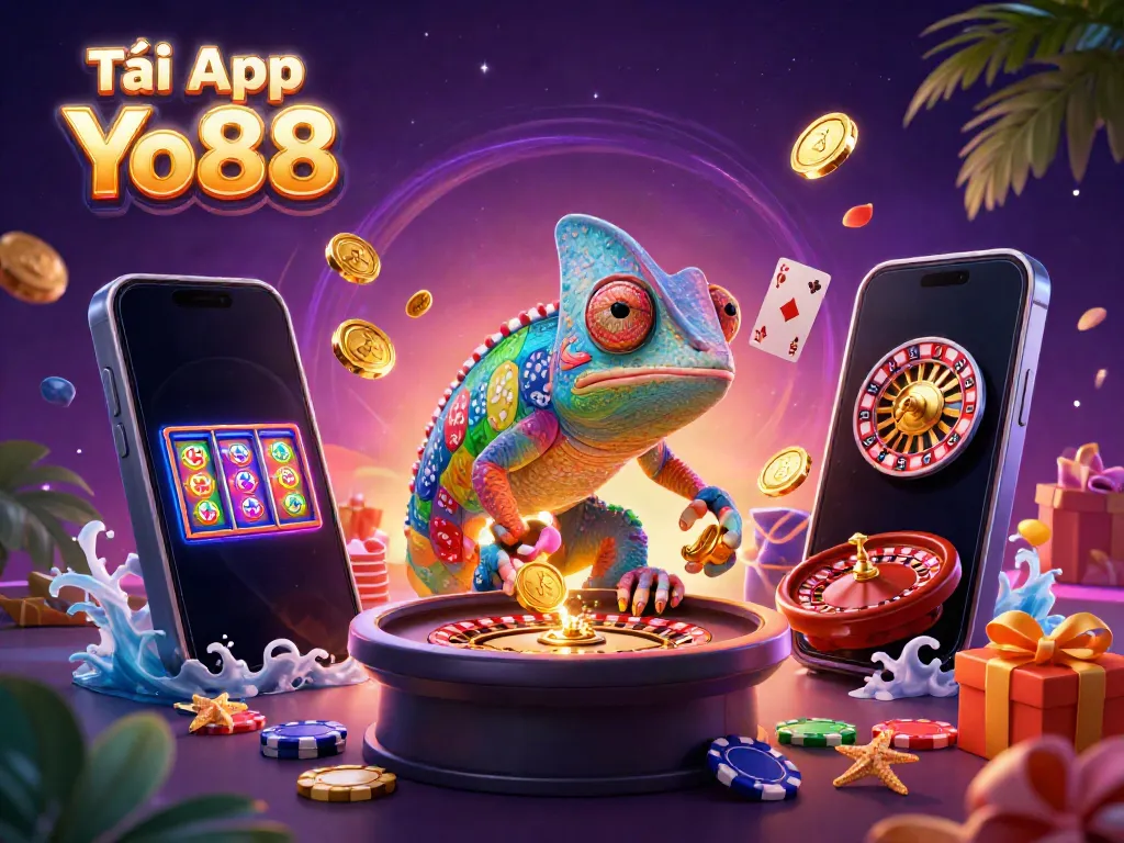 Experience Tải App Yo88 with dynamic gaming elements, golden coins, and a colorful 3D chameleon character.