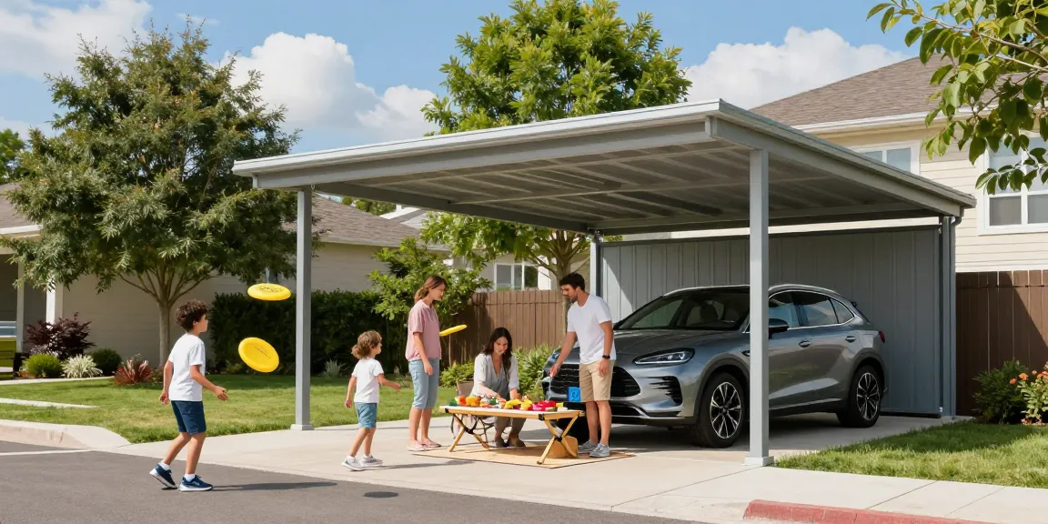 Moderner Carport, Familientag im Freien mit Picknick und spielenden Kindern.
