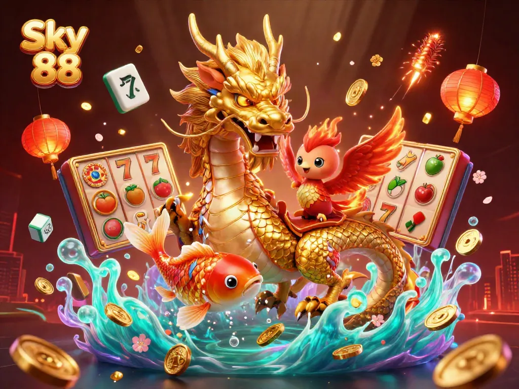 Engage with the dynamic Sky 88 gaming scene featuring a golden dragon, phoenix, and leaping koi fish.