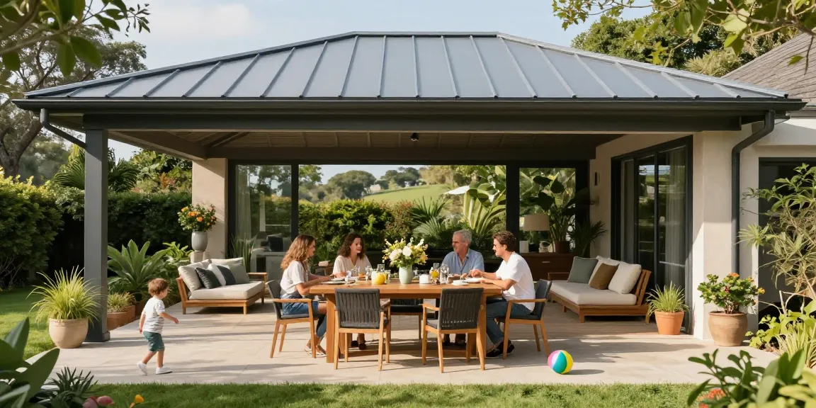 Moderne Terrassenüberdachungen mit Aluminiumstruktur, Familie genießt einen sonnigen Tag im Freien.