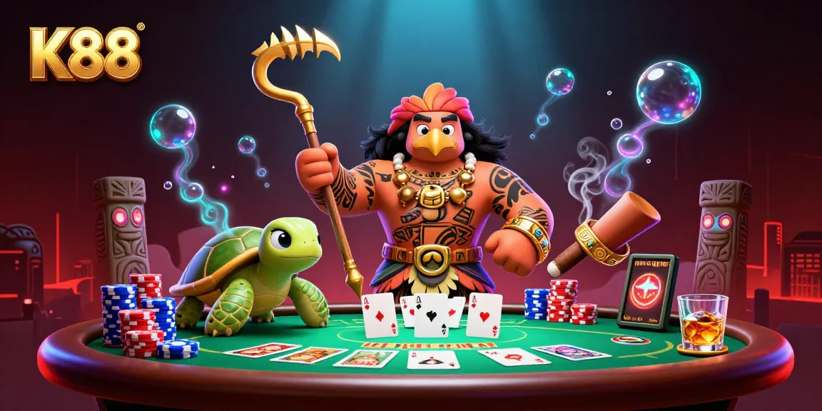 K88 showcases a vibrant poker scene featuring Polynesian characters with casino elements and glowing atmospheres.