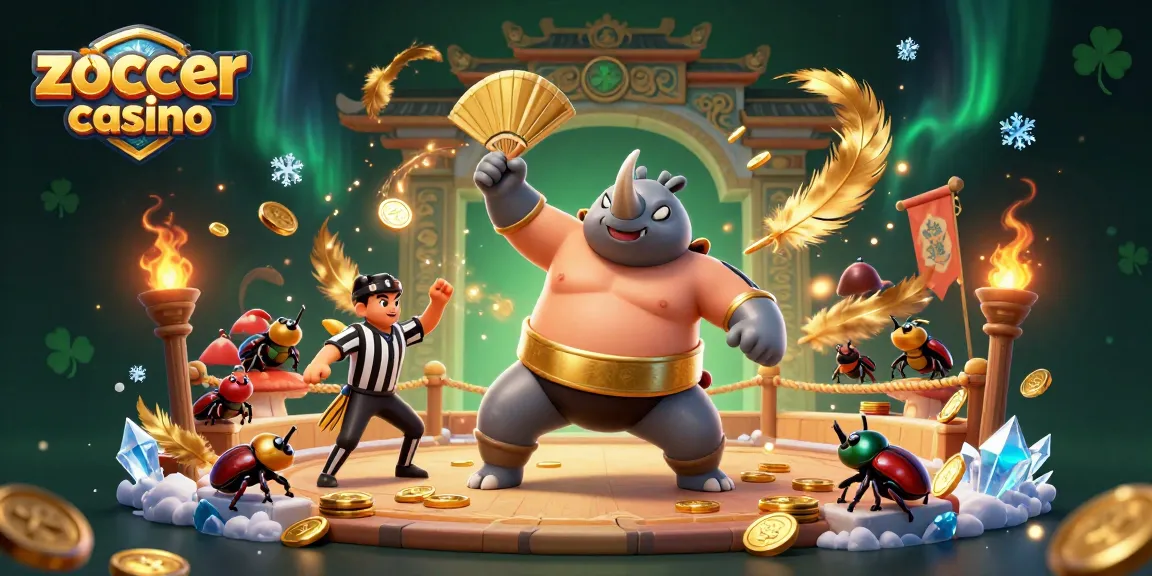 Zoccer casino showcases a vibrant 3D scene with a sumo beetle champion, golden coins flying, and engaging casino elements all around.