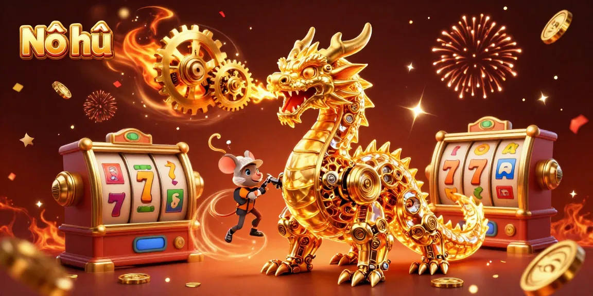 Nổ hũ action with a golden dragon and vibrant slot reels bursting with jackpots and coins