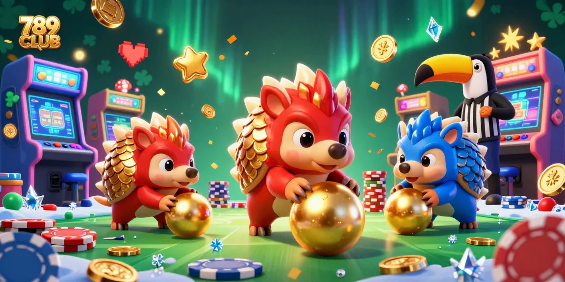 789CLUB features playful pangolins competing with gold coins and poker chips in a vibrant casino setting.