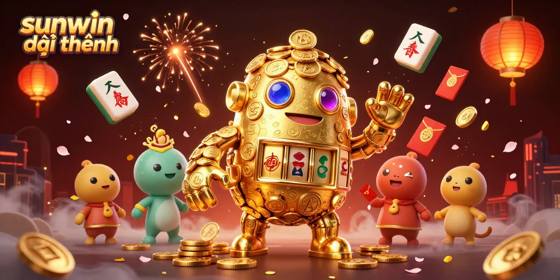 Engage with sunwin đổi thưởng as golden golem spins coins amidst mahjong tiles and lanterns.