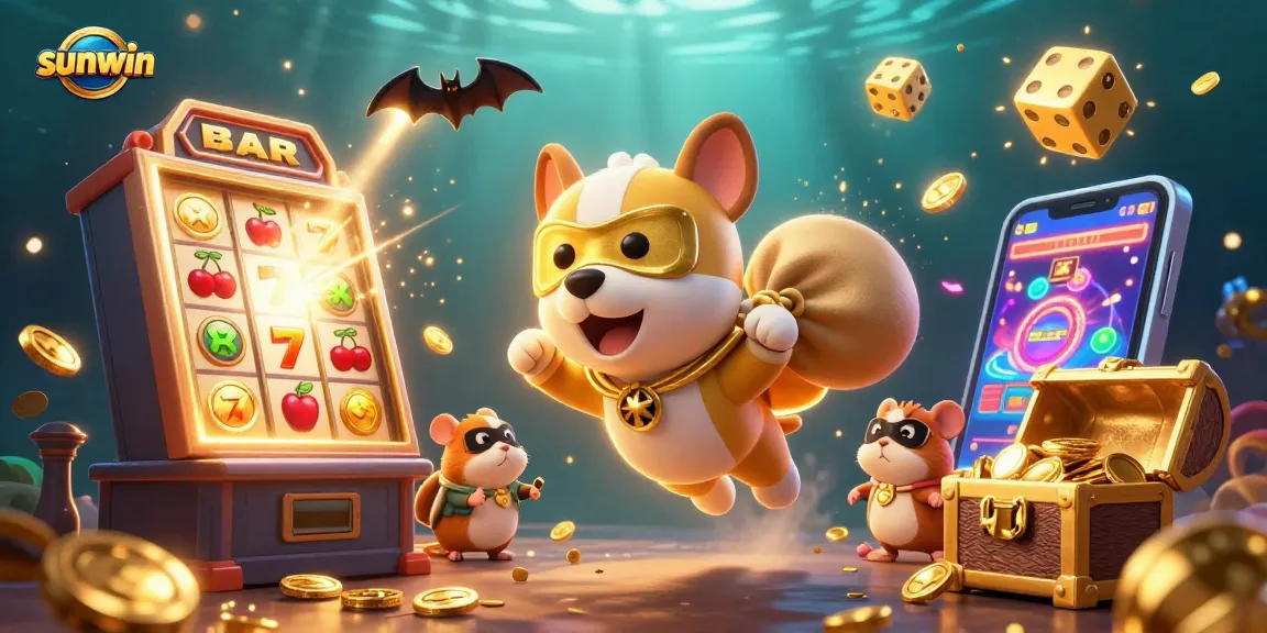 Join the fun at Sunwin casino with our exciting 3D illustration featuring a superhero dog and a hamster.
